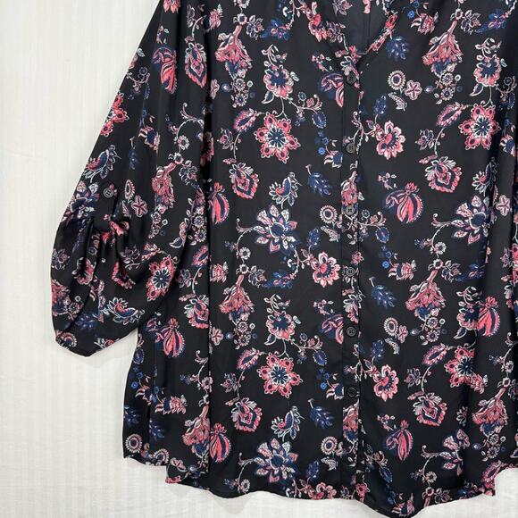 Catherine’s Black Peasant Blouse Women 2X Sheer Button Up Boho Chic Pink Floral - Picture 8 of 9
